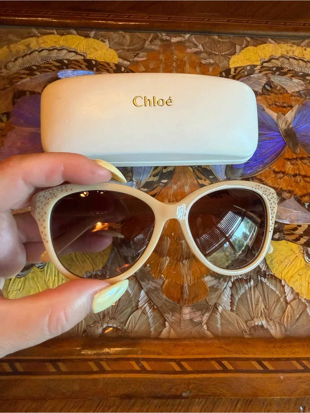 Chloé Cream Taupe Polarized Cat-Eye Sunglasses Crystals Pristine Condition